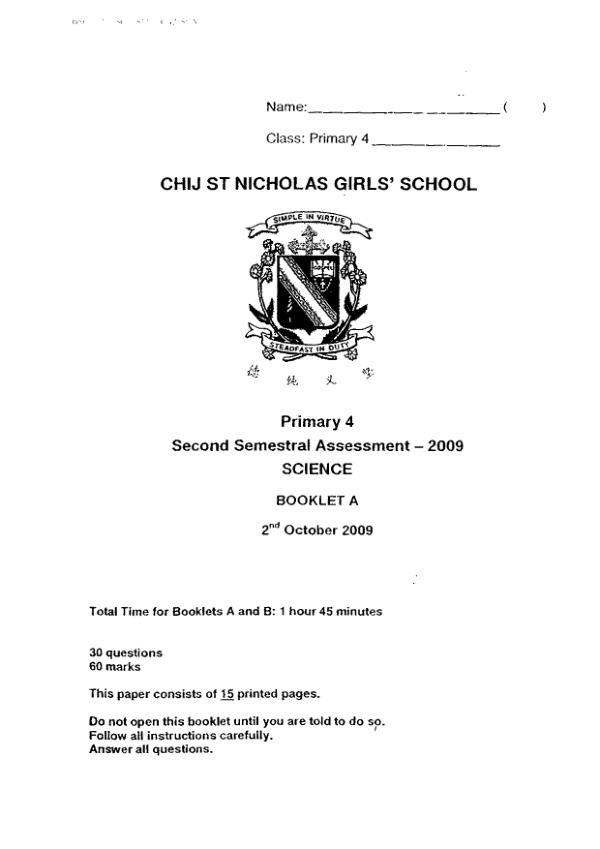 CHIJ P4 Sci SA2 2009 exam paper PDF preview