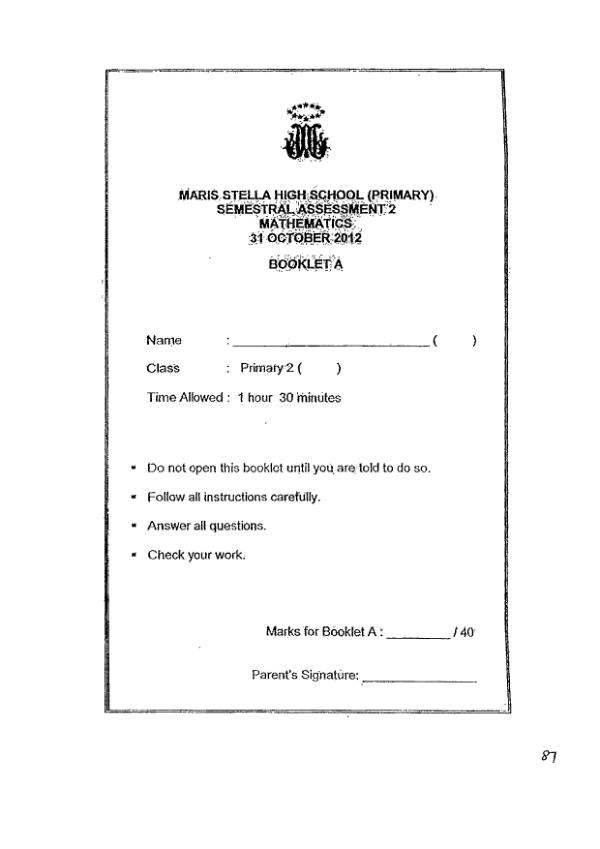 Maris Stella High P2 Math SA2 2012 exam paper PDF preview