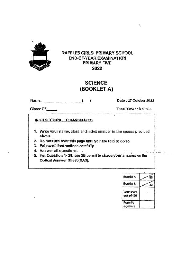 Raffles Girls P5 Sci SA2 2022 exam paper PDF first page preview