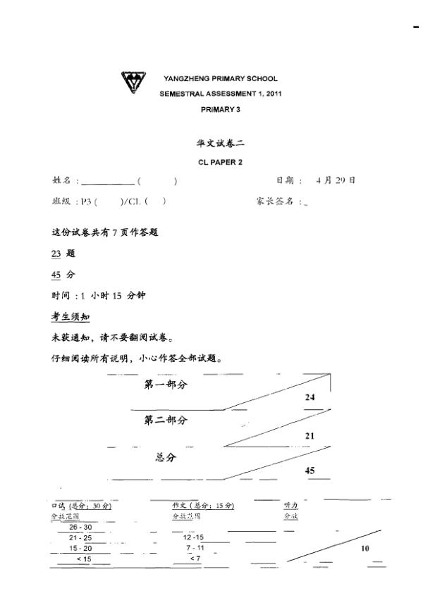 Yang Zheng P3 Chi WA2 2011 exam paper PDF preview