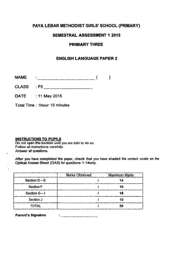 Methodist Girls P3 Eng WA2 2015 exam paper PDF first page preview