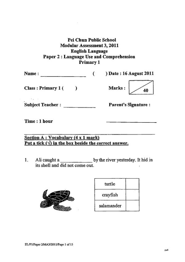Pei Chun P1 Eng WA3 2011 exam paper PDF first page preview