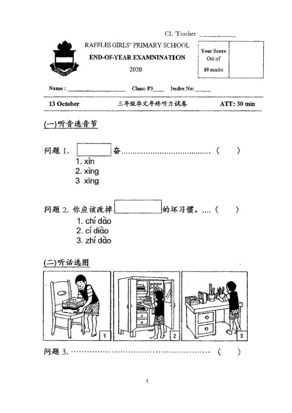 Raffles Girls P3 Chi SA2 2020 exam paper PDF first page preview