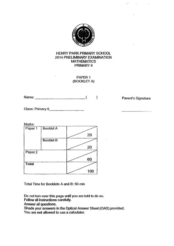 Henry Park P6 Math SA2 2014 exam paper PDF preview
