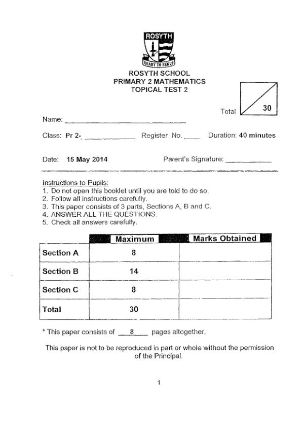 Rosyth P2 Math WA3 2014 exam paper PDF first page preview