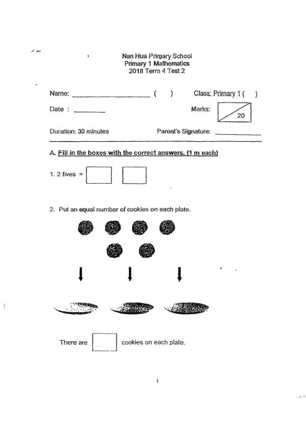 First page preview of P1 Math 2018 WA2 — Nan Hua