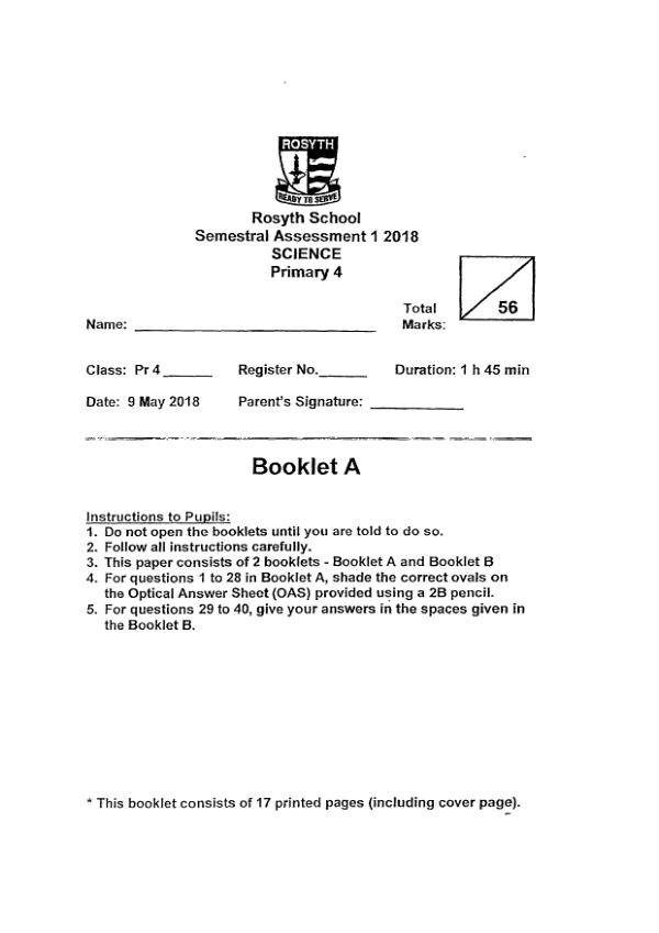 Rosyth P4 Sci WA2 2018 exam paper PDF first page preview