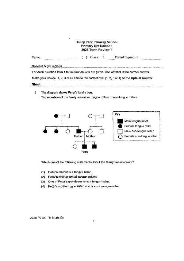 Henry Park P6 Sci WA2 2025 exam paper PDF first page preview