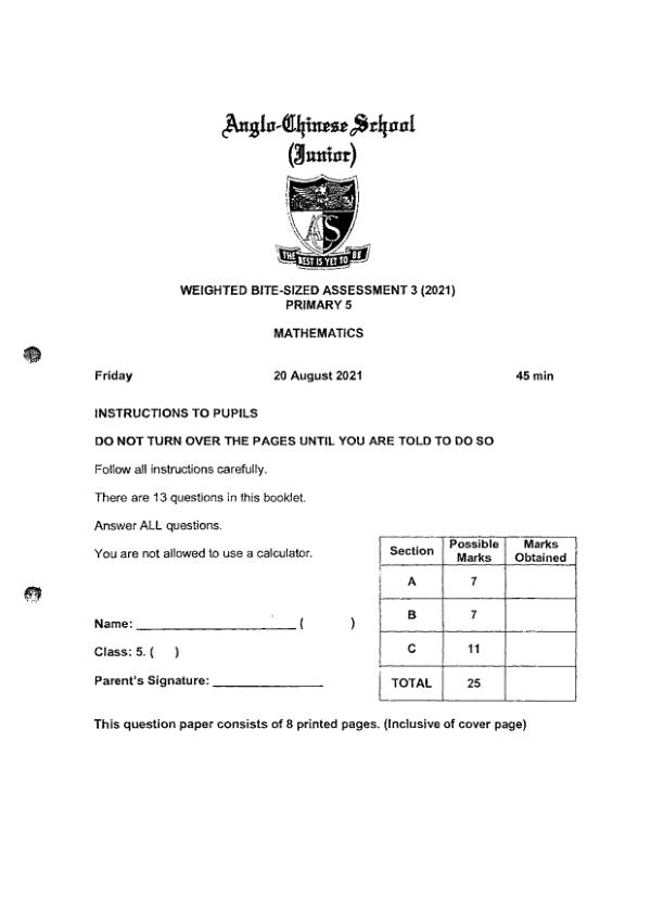 First page preview of P5 Math 2021 WA3 — Anglo Chinese