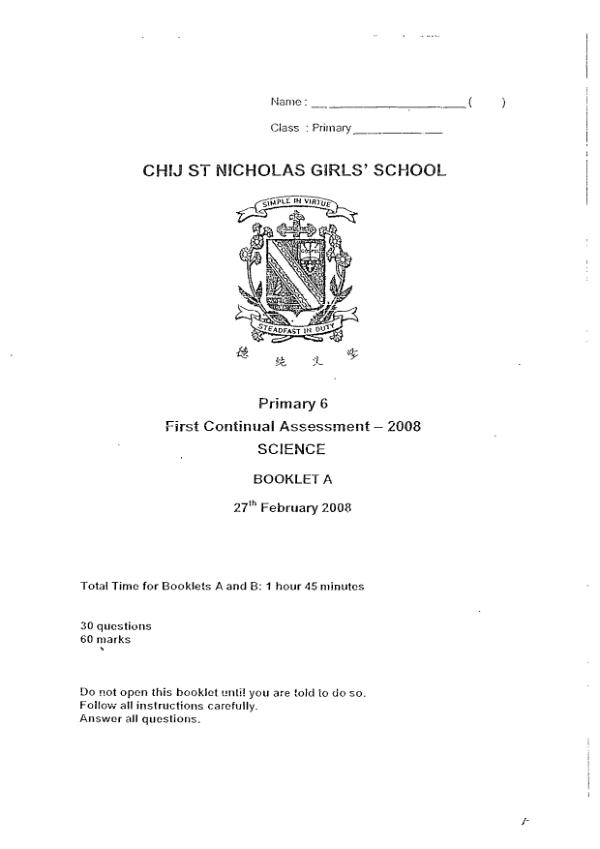 CHIJ P6 Sci WA1 2008 exam paper PDF preview