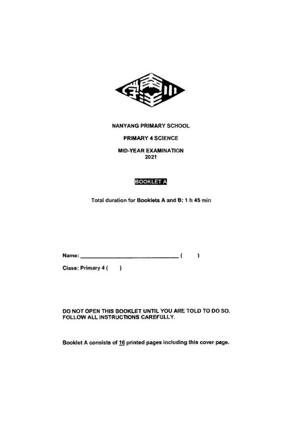 Nanyang P4 Sci WA2 2021 exam paper PDF first page preview
