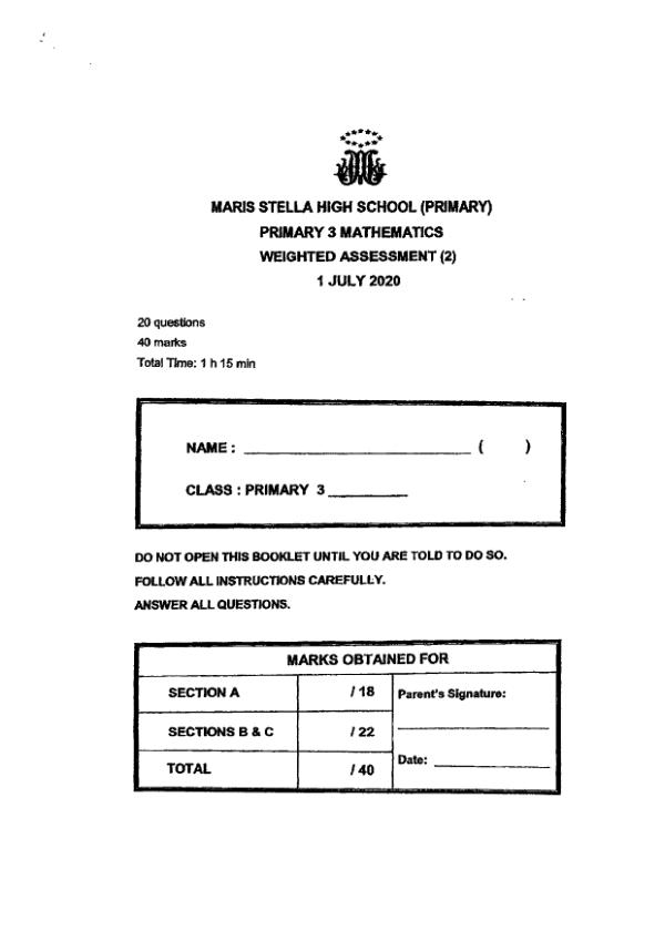 First page preview of P3 Math 2020 WA3 — Maris Stella High