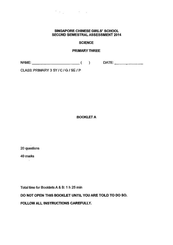 Singapore Chinese Girls P3 Sci SA2 2014 exam paper PDF preview