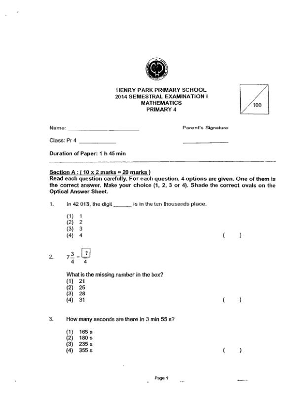 Henry Park P4 Math WA2 2014 exam paper PDF preview