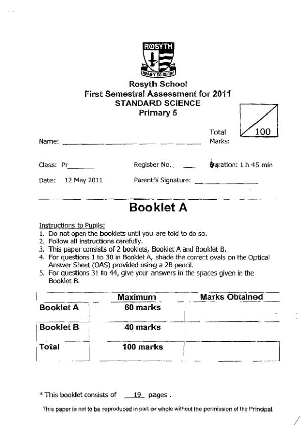 Rosyth P5 Sci WA2 2011 exam paper PDF preview