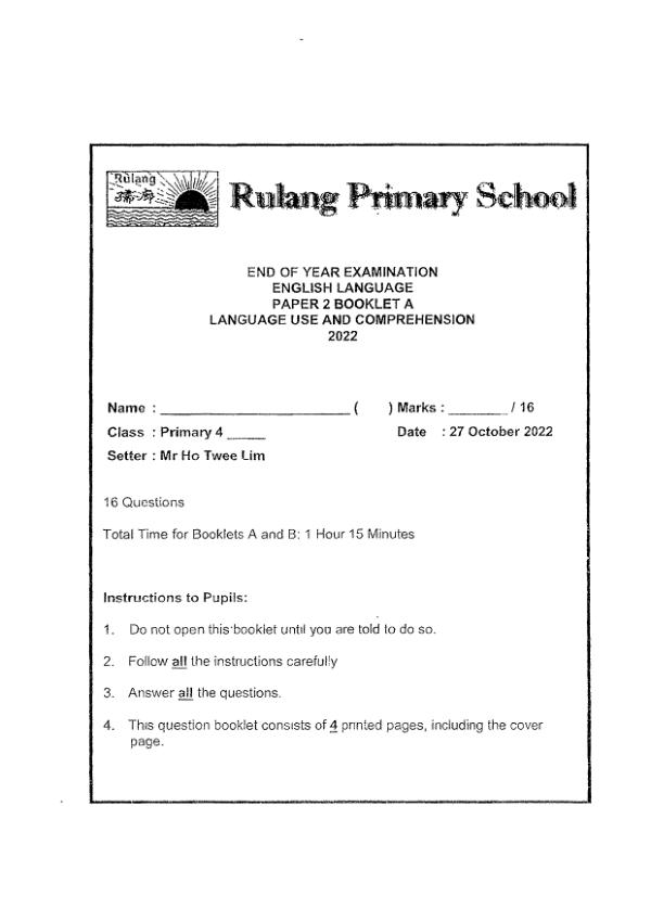 Rosyth P4 Eng SA2 2022 exam paper PDF preview