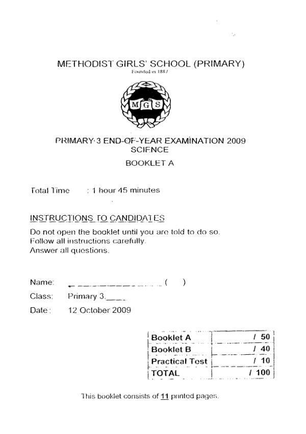 Methodist Girls P3 Sci SA2 2009 exam paper PDF preview