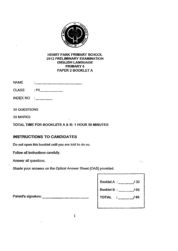 Henry Park P6 Eng SA2 2012 exam paper PDF first page preview