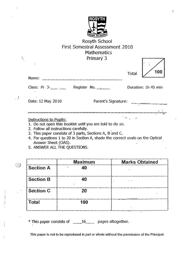 Rosyth P3 Math WA2 2010 exam paper PDF preview