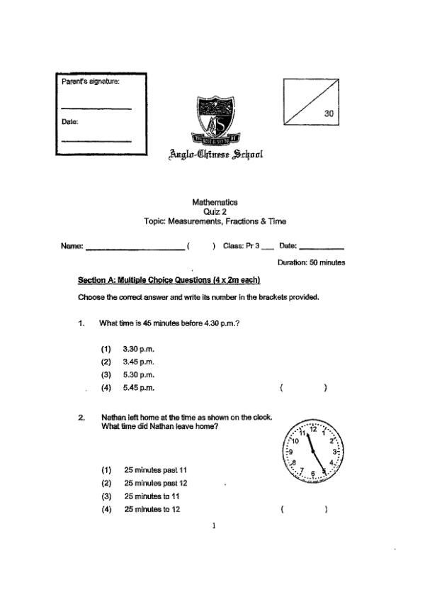 First page preview of P3 Math 2021 WA1 — Anglo Chinese