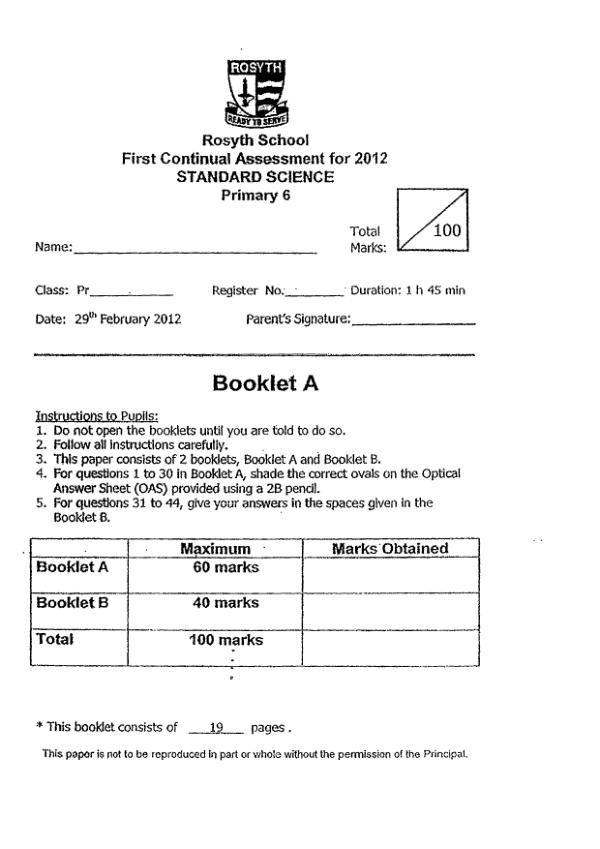 Rosyth P6 Sci WA1 2012 exam paper PDF preview