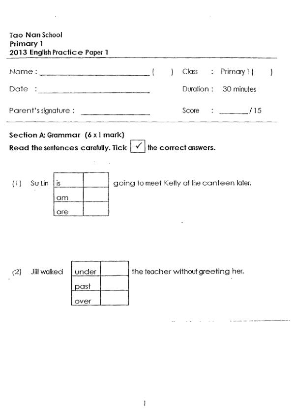 Tao Nan P1 Eng WA1 2013 exam paper PDF preview