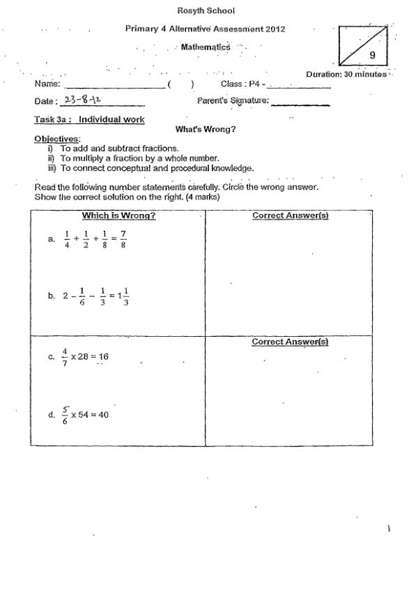 Rosyth P4 Math WA3 2012 exam paper PDF first page preview
