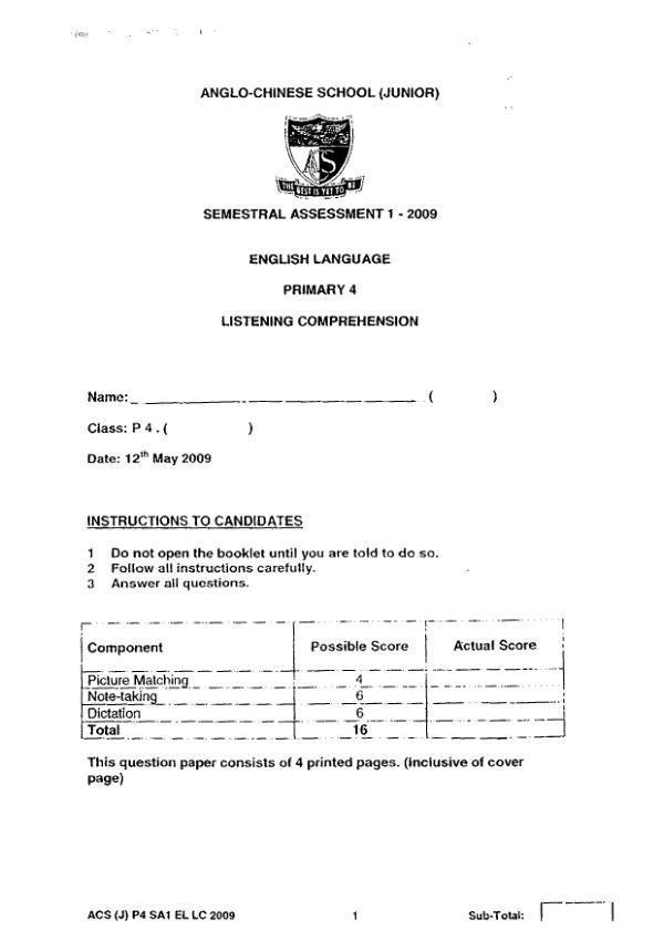 Anglo Chinese P4 Eng WA2 2009 exam paper PDF preview