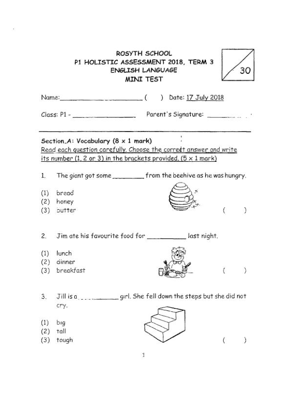 Rosyth P1 Eng WA3 2018 exam paper PDF first page preview