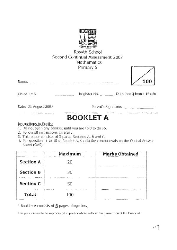 Rosyth P5 Math WA3 2007 exam paper PDF preview