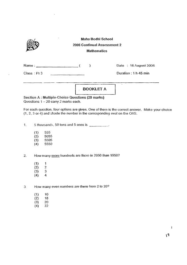 Maha Bodhi P3 Math WA3 2006 exam paper PDF preview