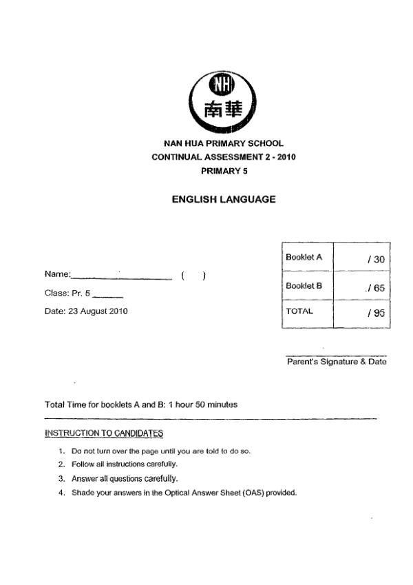 Nan Hua P5 Eng WA3 2010 exam paper PDF preview