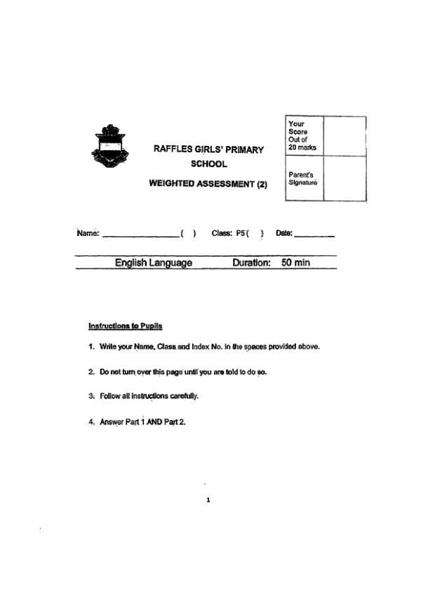 Raffles Girls P5 Eng WA3 2023 exam paper PDF first page preview