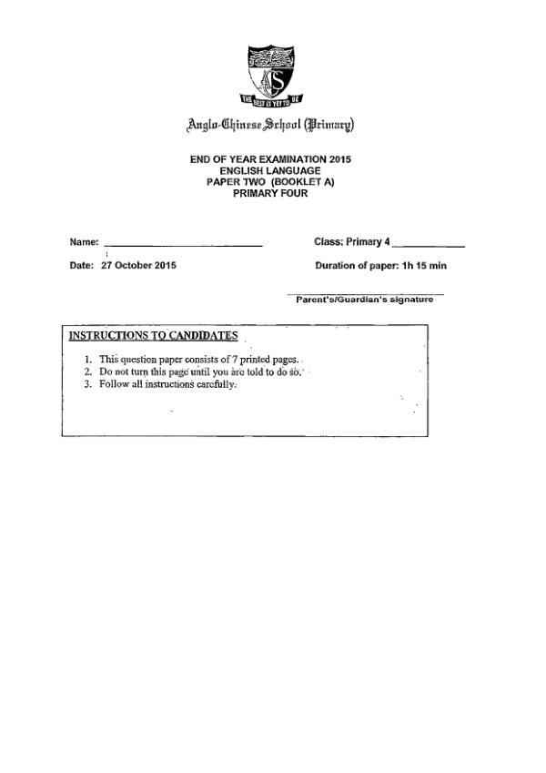 Anglo Chinese P4 Eng SA2 2015 exam paper PDF first page preview