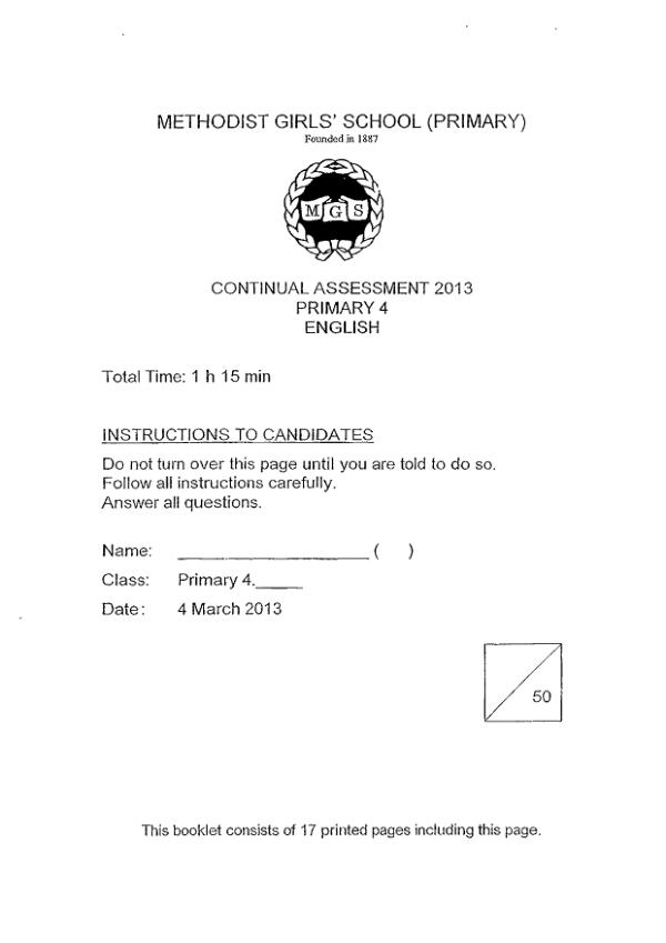 Methodist Girls P4 Eng WA1 2013 exam paper PDF preview