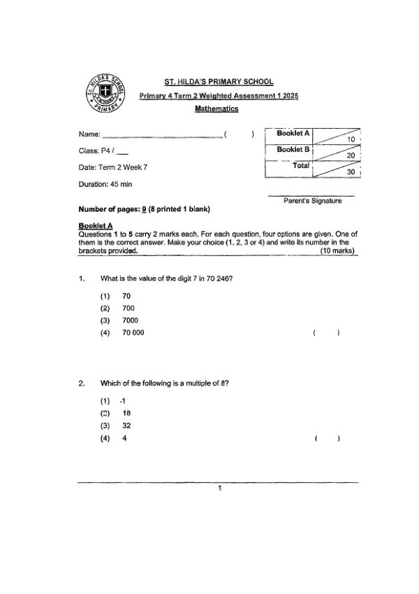 First page preview of P4 Math 2025 WA1 — St Hildas