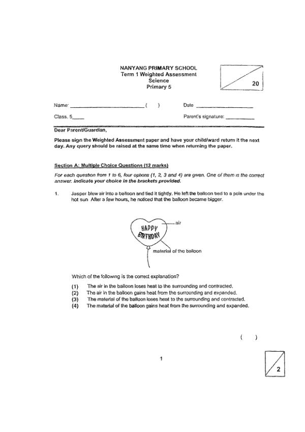 Nan Hua P5 Sci WA1 2022 exam paper PDF first page preview