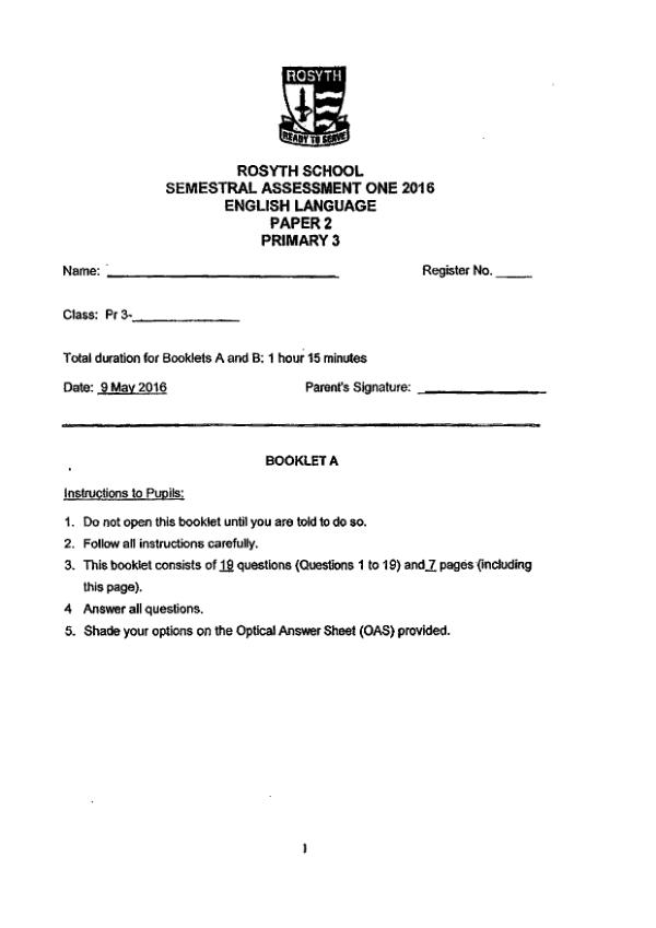 Rosyth P3 Eng WA2 2016 exam paper PDF first page preview