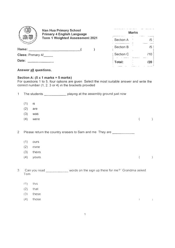 Nan Hua P4 Eng WA1 2021 exam paper PDF preview