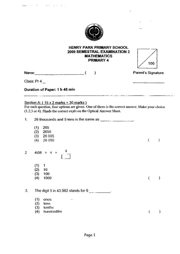 Henry Park P4 Math SA2 2009 exam paper PDF preview