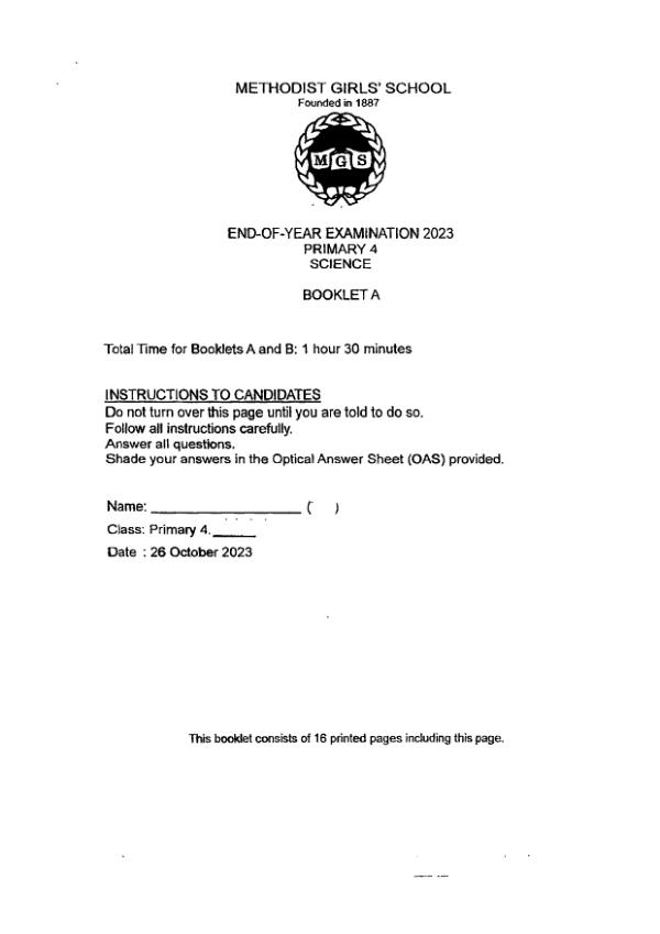Methodist Girls P4 Sci SA2 2023 exam paper PDF preview