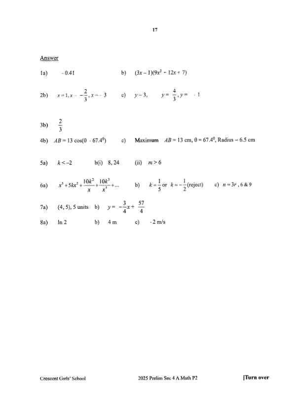Crescent Girls Sec4 A_Maths Prelim 2025 exam paper PDF preview