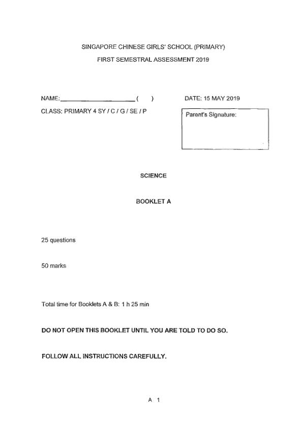 Singapore Chinese Girls P4 Sci WA2 2019 exam paper PDF first page preview