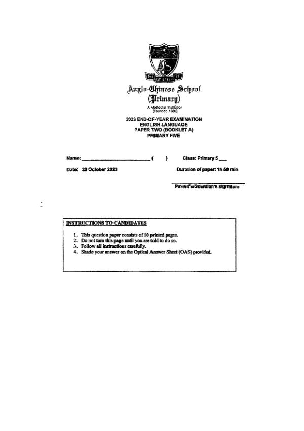 Anglo Chinese P5 Eng SA2 2023 exam paper PDF first page preview