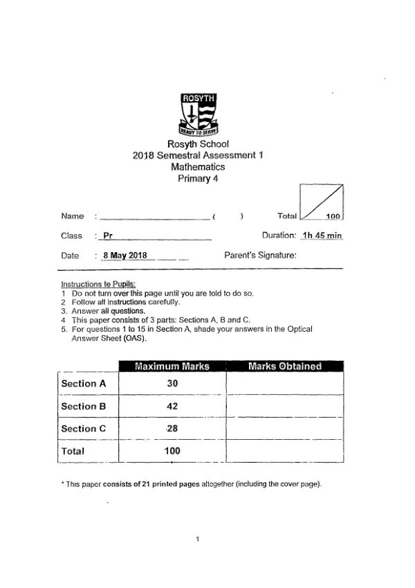 First page preview of P4 Math 2018 WA2 — Rosyth