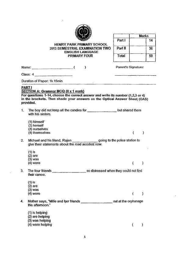 Henry Park P4 Eng SA2 2013 exam paper PDF preview