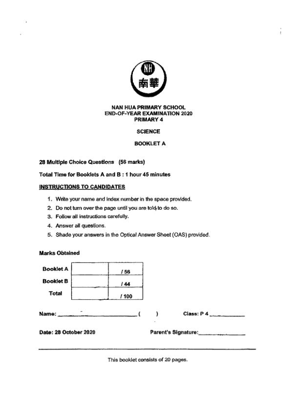 Nan Hua P4 Sci SA2 2020 exam paper PDF preview