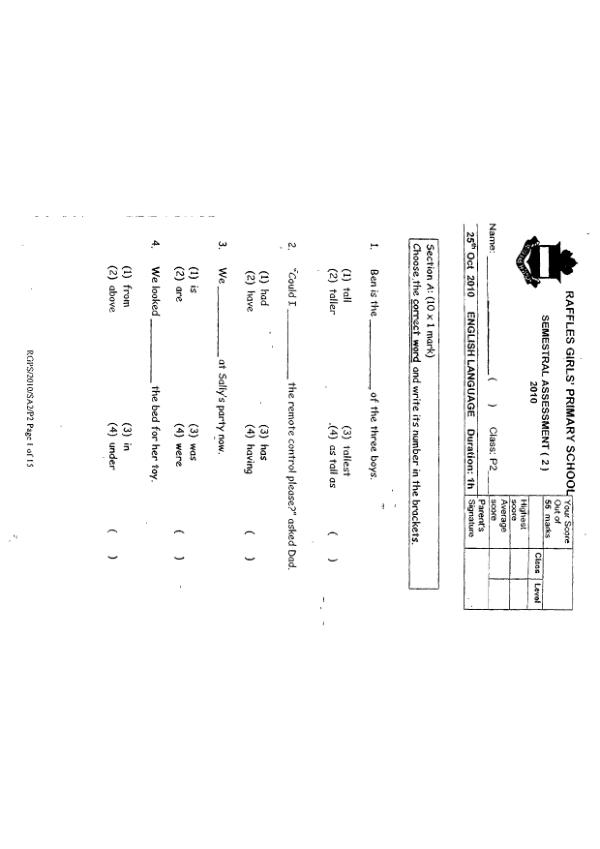 Raffles Girls P2 Eng SA2 2010 exam paper PDF first page preview