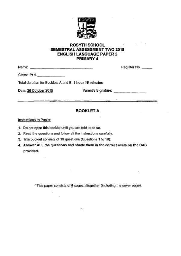 Rosyth P4 Eng SA2 2015 exam paper PDF preview