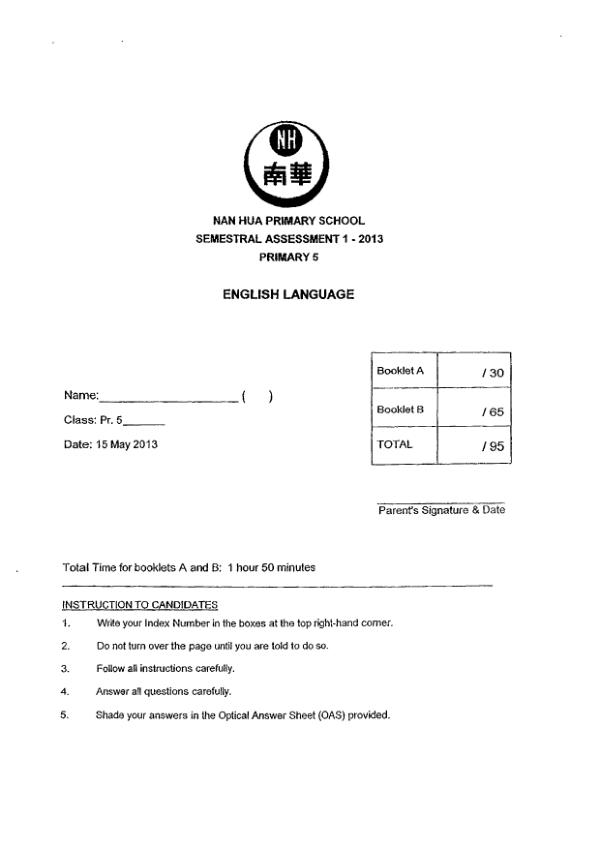 Nan Hua P5 Eng WA2 2013 exam paper PDF preview